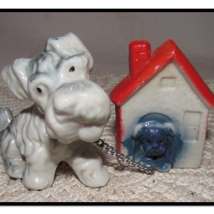 Vintage Porcelain Scottie Puppy Dog Chained to Doghouse Figurine, Japan