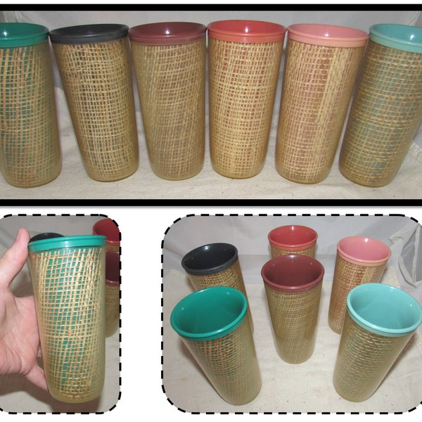 6 - Vintage Double Layered Plastic Thermal Raffiaware Beverage Tumblers with Woven Straw or Rattan in between Layers