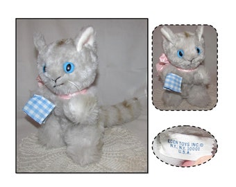 Vintage Stuffed Plush Gray Kitty Cat w/ Blue Eyes, Pink Ribbon by Eden Toys