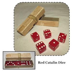 Vintage Boxed Set of 5 Red Catalin Dice, Unused