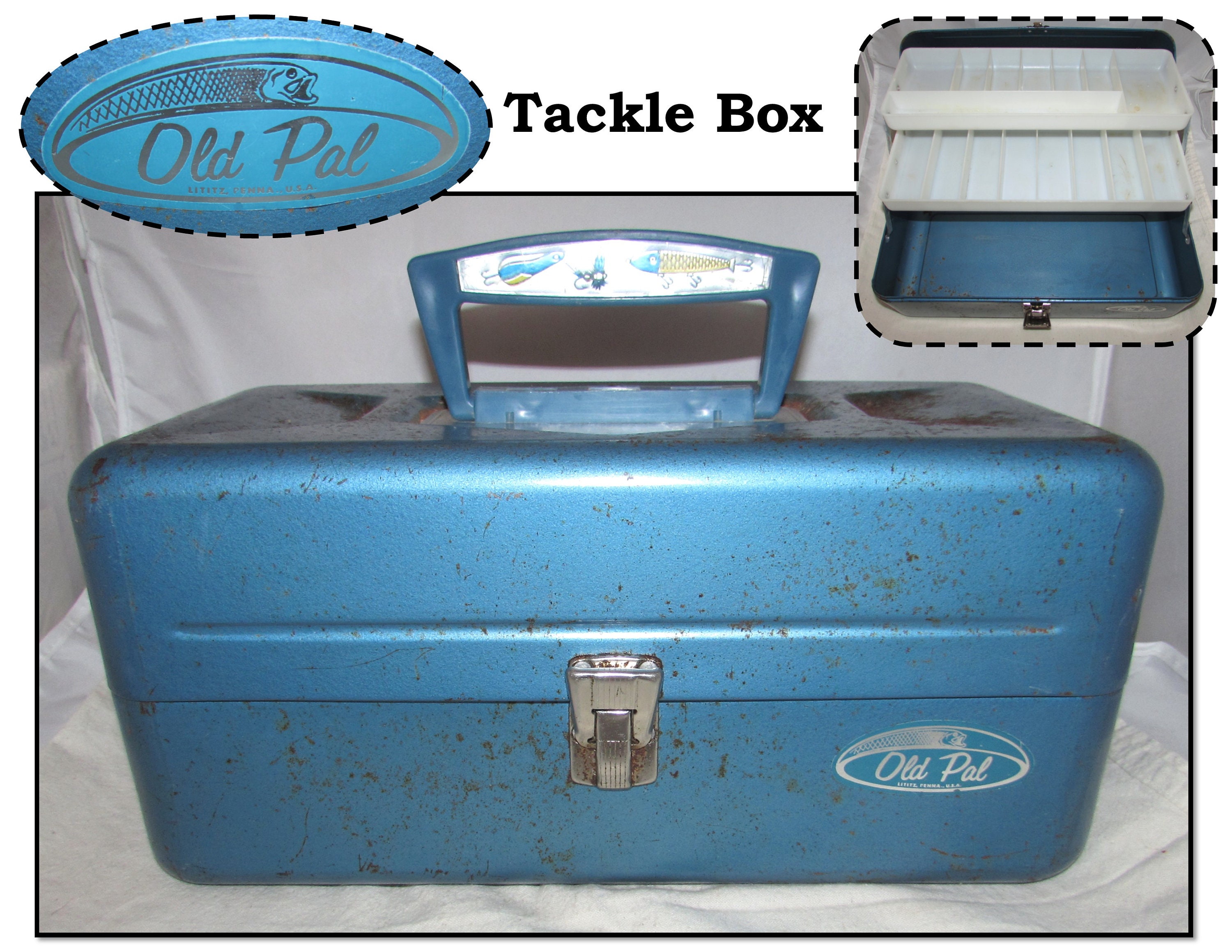 Vintage Blue Metal Fishing Tackle Box W/ Latch, Old Pal by Victor