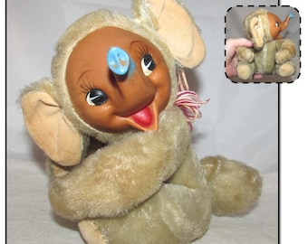 Vintage Blonde Mohair Baby Elephant w/Rubber Face, Up Trunk, JAPAN