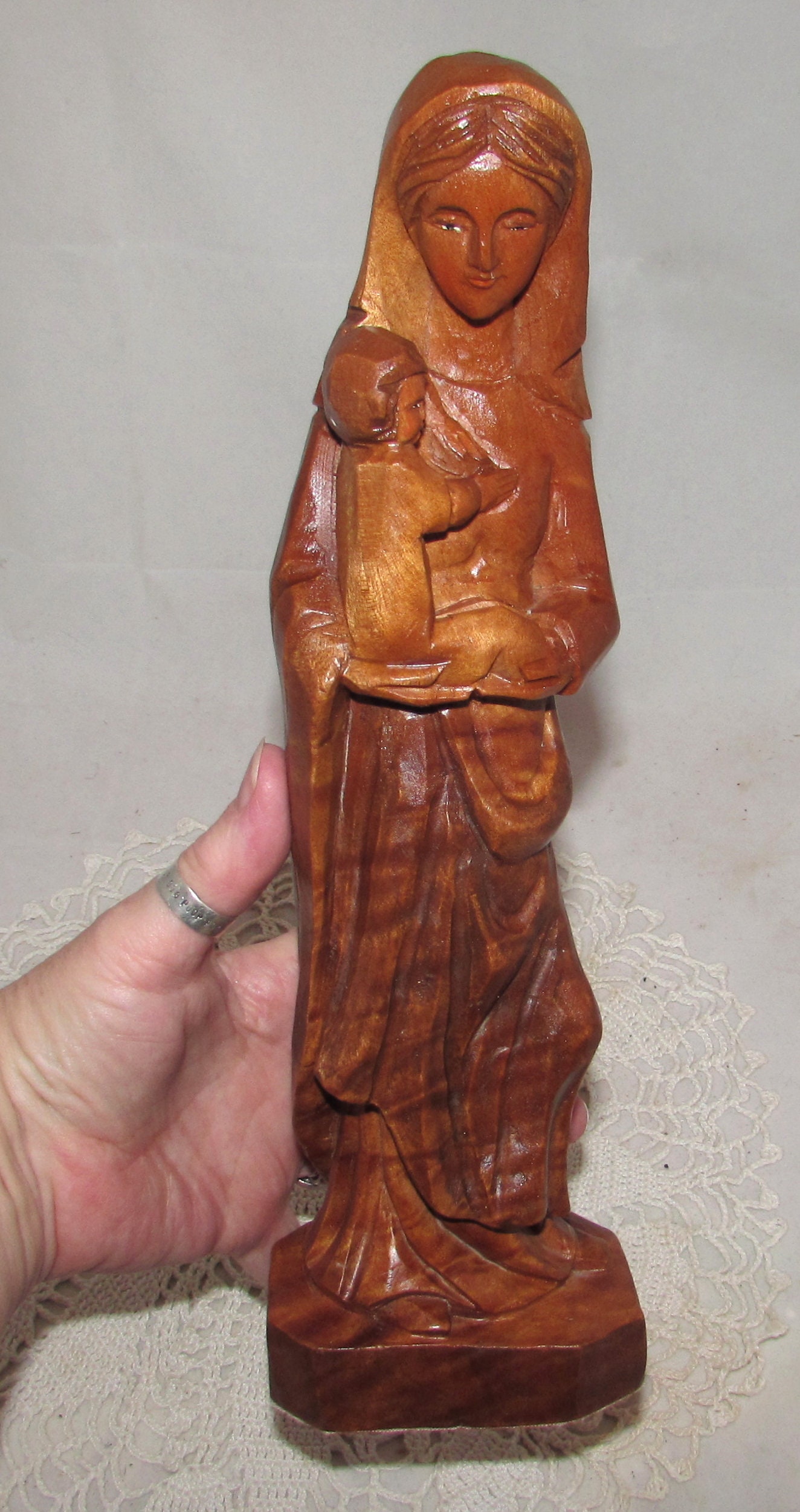 Vintage Hand Carved Wood Virgin Mary & Baby Jesus Statue, Holy Mother ...