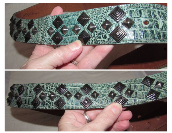 Vintage Green Alligator Print Leather Slouch Belt… - image 4