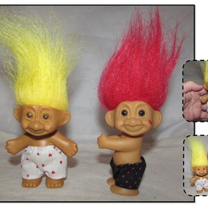 2 - Vintage 1992 Troll Dolls Wearing Heart Boxers by Russ Berrie, Red Hair Hugger, Yellow Hair