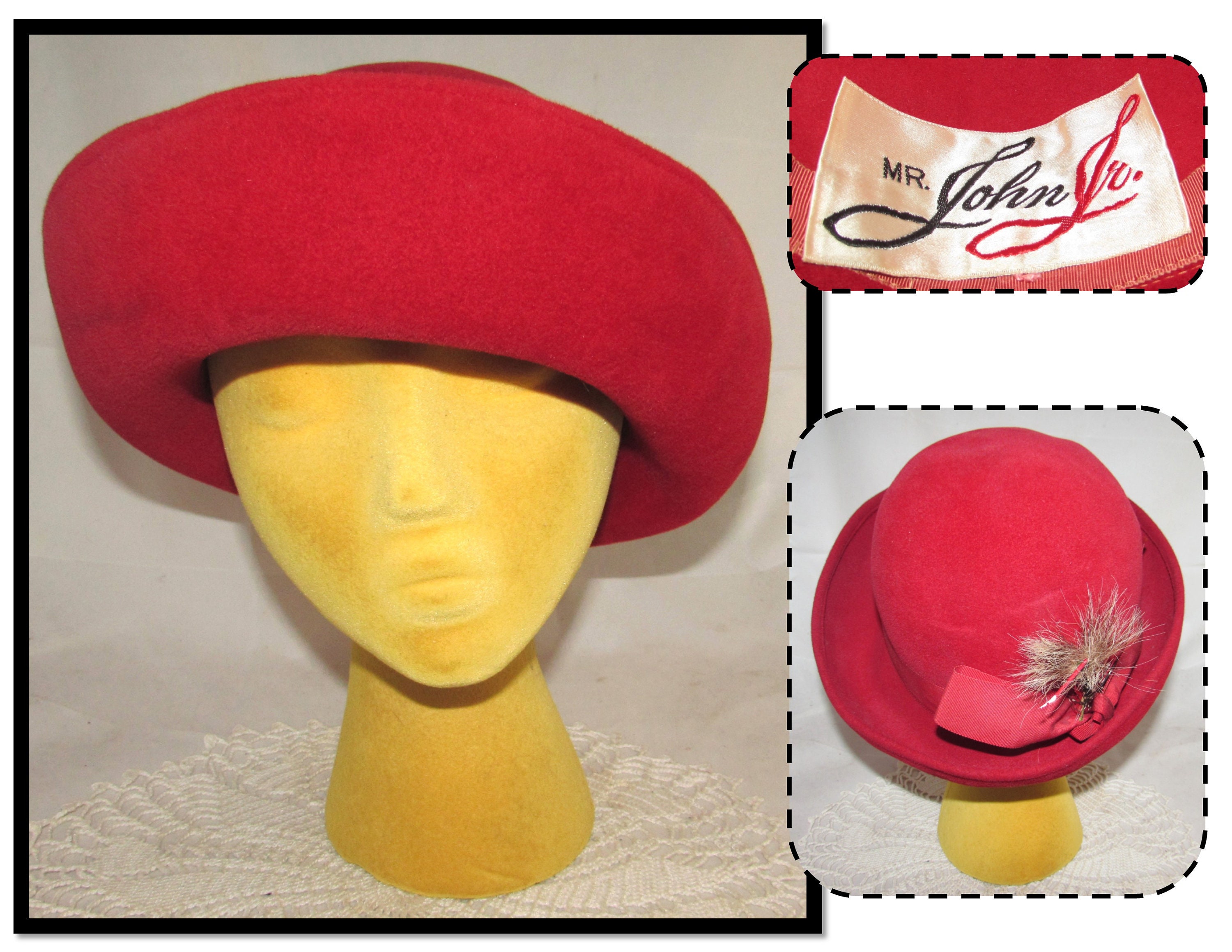 Vintage Mr John Jr. Ruby Red Felt Hat Cap W/ Bow Accent  display picture 2