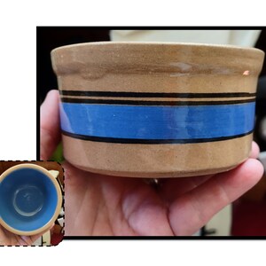Vintage Small Brown Crock Pottery Bowl with Blue Stripe & Interior