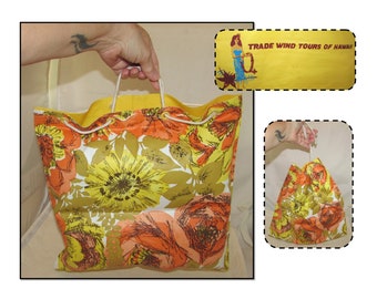 Vintage Yellow Vinyl Trade Wind Tours of Hawaii Inflatable Pillow Tote Bag, Souvenir, Vera Orange Flowers