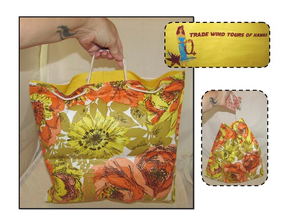 Vintage Yellow Vinyl Trade Wind Tours of Hawaii Inflatable Pillow Tote Bag, Souvenir, Vera Orange Flowers