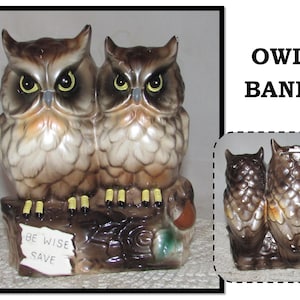 Vintage Ceramic Piggy Bank, Pair of Owls Sitting on a Log, Be Wise Save