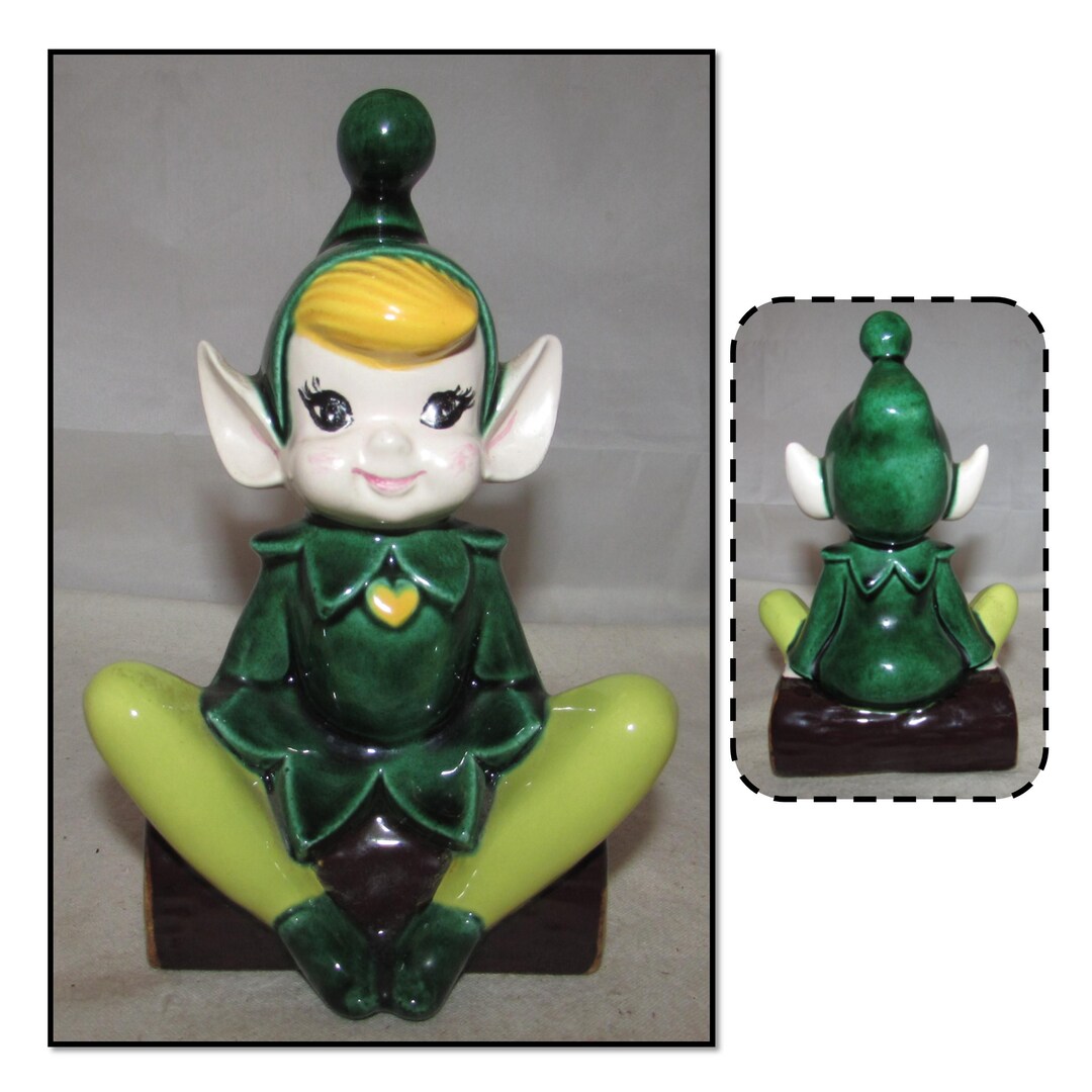 Vintage Green Ceramic Pixie Elf Sitting on Log Figurine - Etsy
