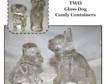 2 - Vintage Clear Glass Dog Candy Containers, Mopey Puppy & French Bulldog