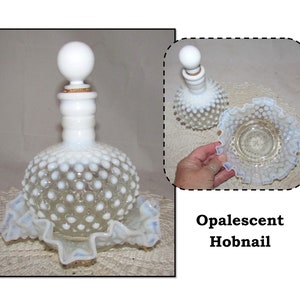 Vintage Opalescent Hobnail Dot Glass Perfume Bottle with Stopper & Ruffled Edge Candy Dish by Fenton