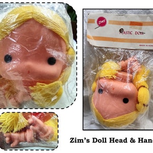 Small Vintage Zim's Vinyl Girl Doll Head with Hands & Yellow Yarn Hair, Doll parts, Original Package