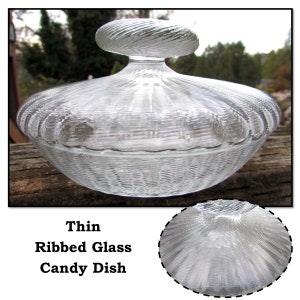 Vintage Thin Clear Blown Glass Candy Dish with Lid and Knob Finial & Ribbed Pattern