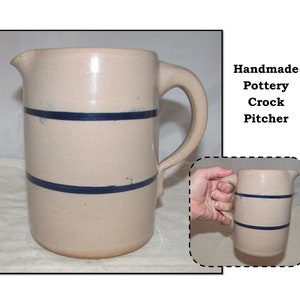 Small Vintage Beige Stoneware Crock Pottery Milk Pitcher with 2 Blue Stripes