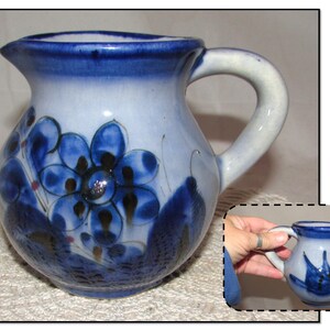 Vintage Signed Hand Painted Mexican Tonala Pottery Juice Pitcher w/ Blue Bird & Flowers, Mexico