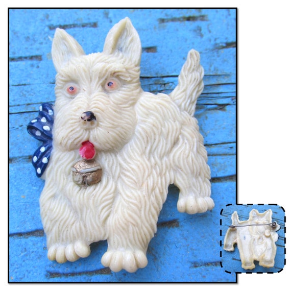 Vintage Off-White Celluloid Scottie or Westie Dog… - image 1