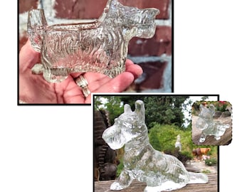 2 artículos vintage de perro escocés de vidrio transparente: figura pisapapeles y jarra de crema