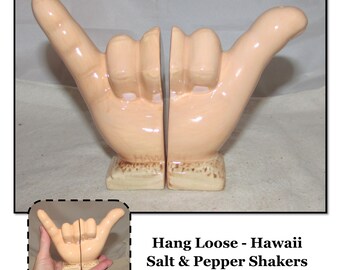 Vintage Souvenir Ceramic Salt Pepper Shakers, Hang Loose Hand Sign, Hawaii