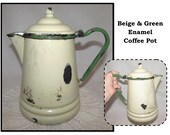 Vintage Beige Enamel Metal Coffee Pot w Green Handle Trim, Rustic Farmhouse Kitchen Enamelware