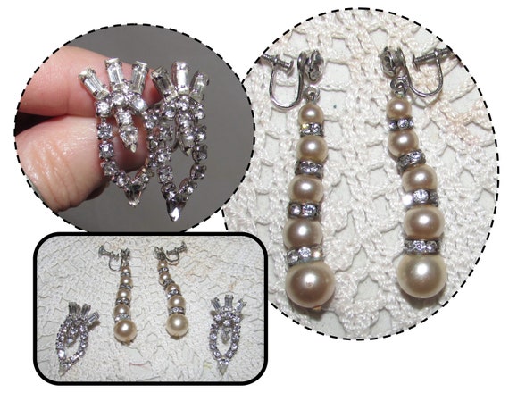 Two Pair of Vintage Rhinestone & Faux Pearls Scre… - image 1