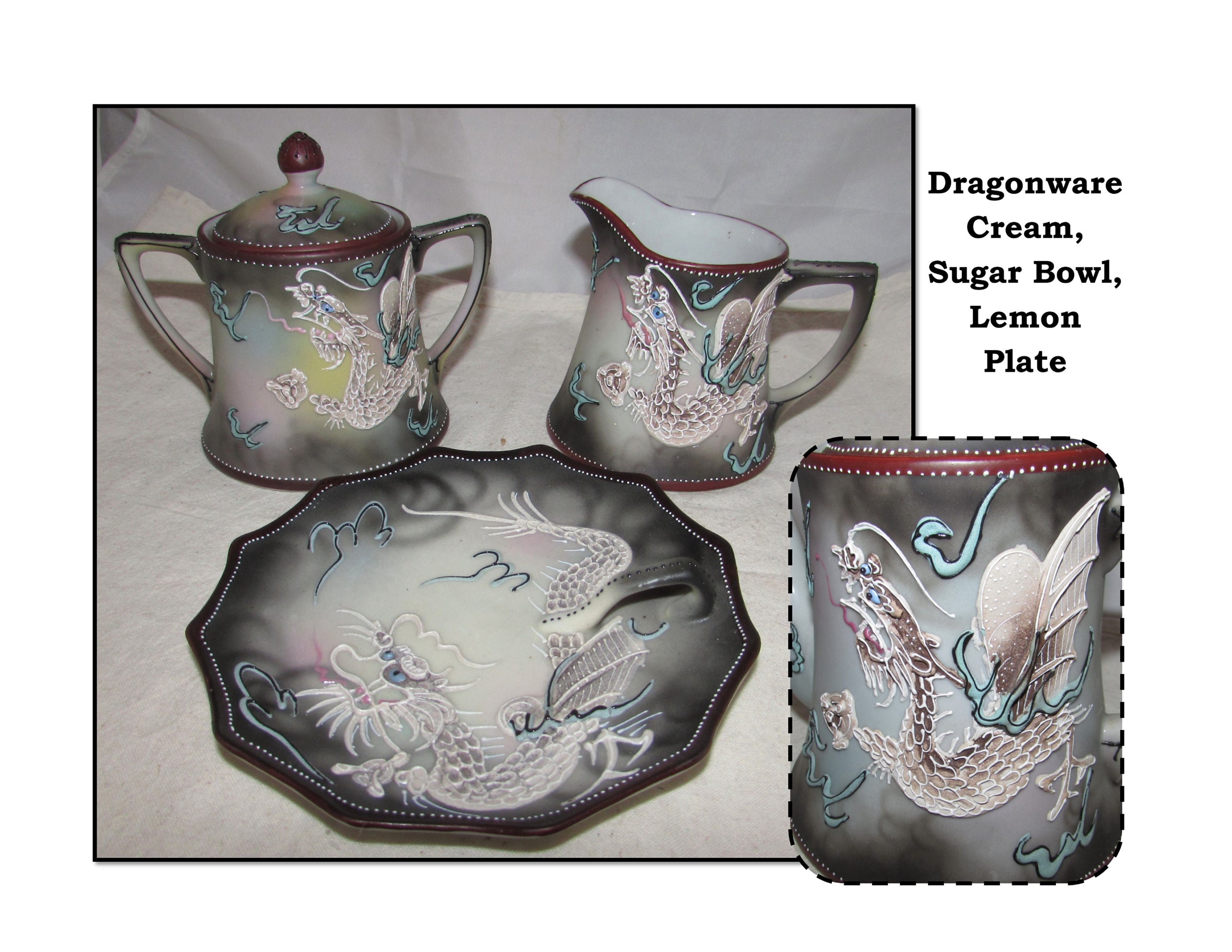 Antique Japanese Dragonware Creamer, Sugar Bowl and Lemon Plate