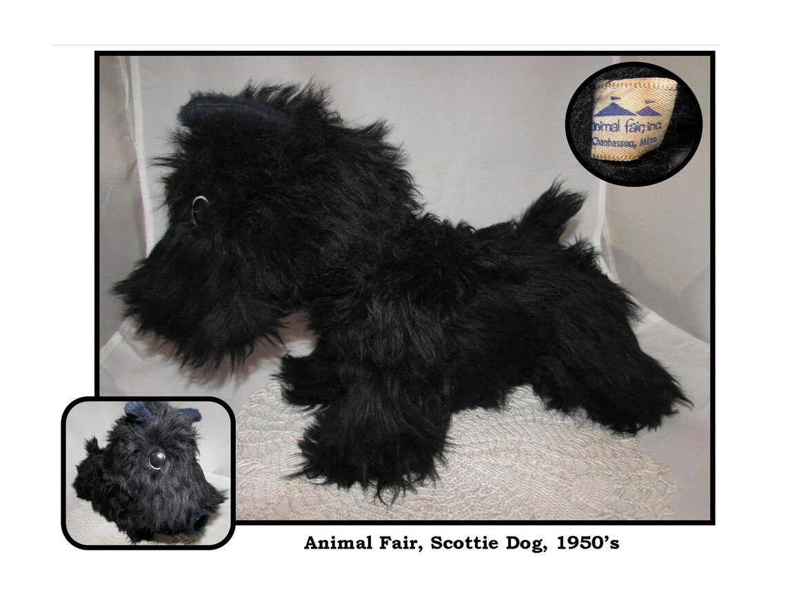 Vintage Stuffed Black Scottish Terrier, Scottie Dog Plush Toy by Animal ...