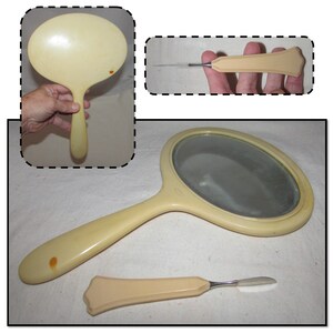 Vintage Celluloid Hand Mirror with Beveled Glass & Manicure Tool Accessory