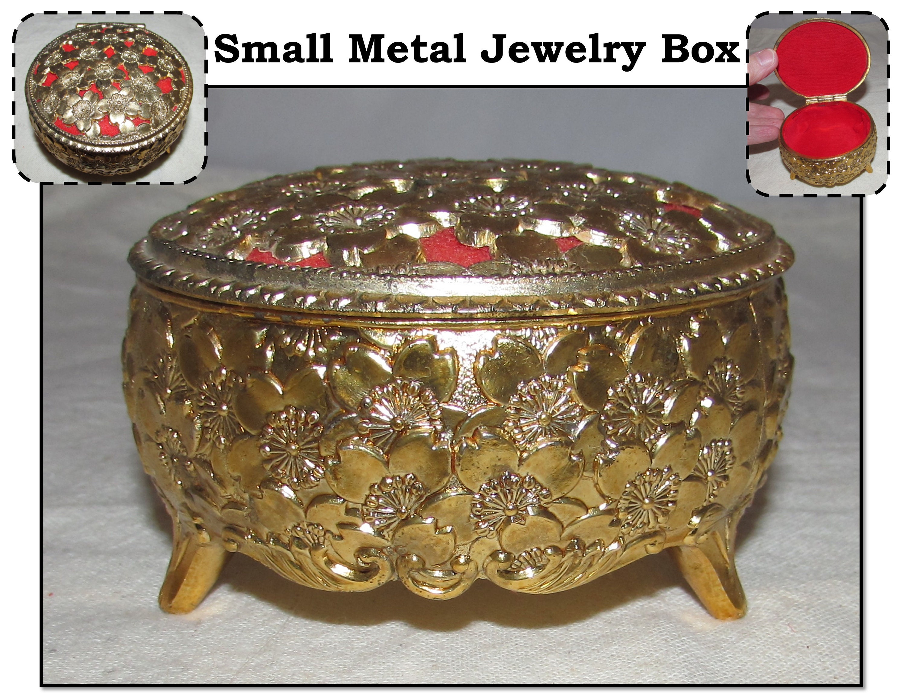 Vintage Gold Tone Metal Jewelry Box Hinged 2 Tier Footed Rhinestone Accents