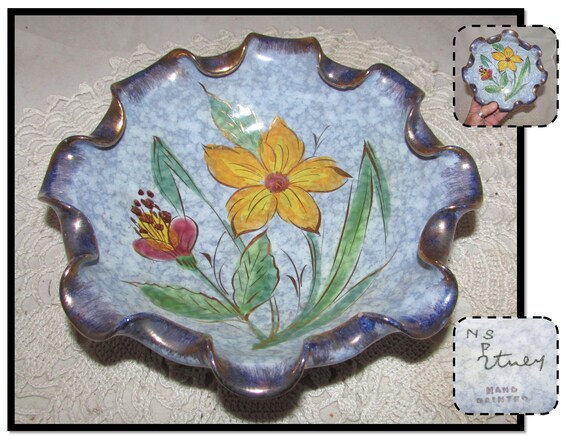 Vintage Hand Painted Blue Floral Dish with Ruffled Edge Vintage Hand Painted Blue Floral Dish with Ruffled Edge