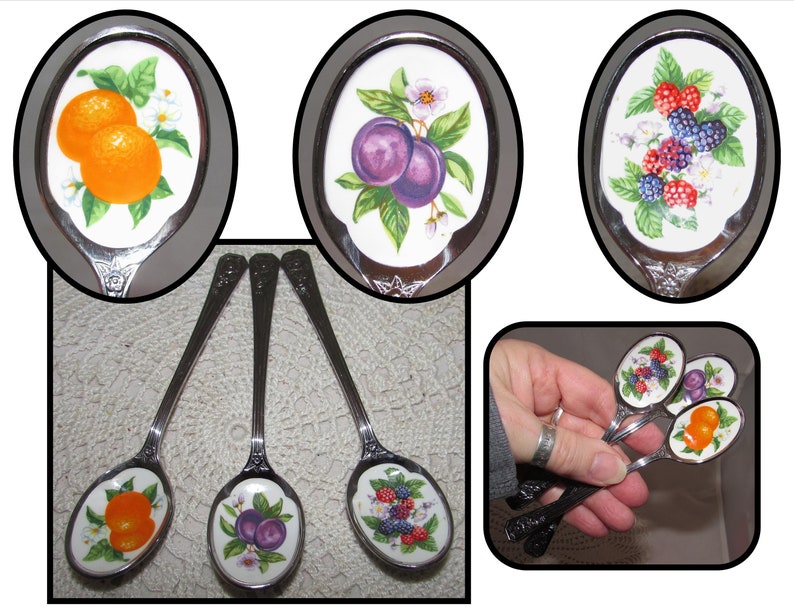 Vintage Stainless Steel /& Enamel Jam Spoons Berries by Avon Plum 3 Natures Best Orange