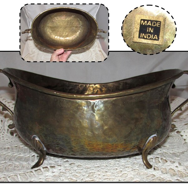 Vintage Hammered Brass Planter Pot with Handles & Stem Feet, India