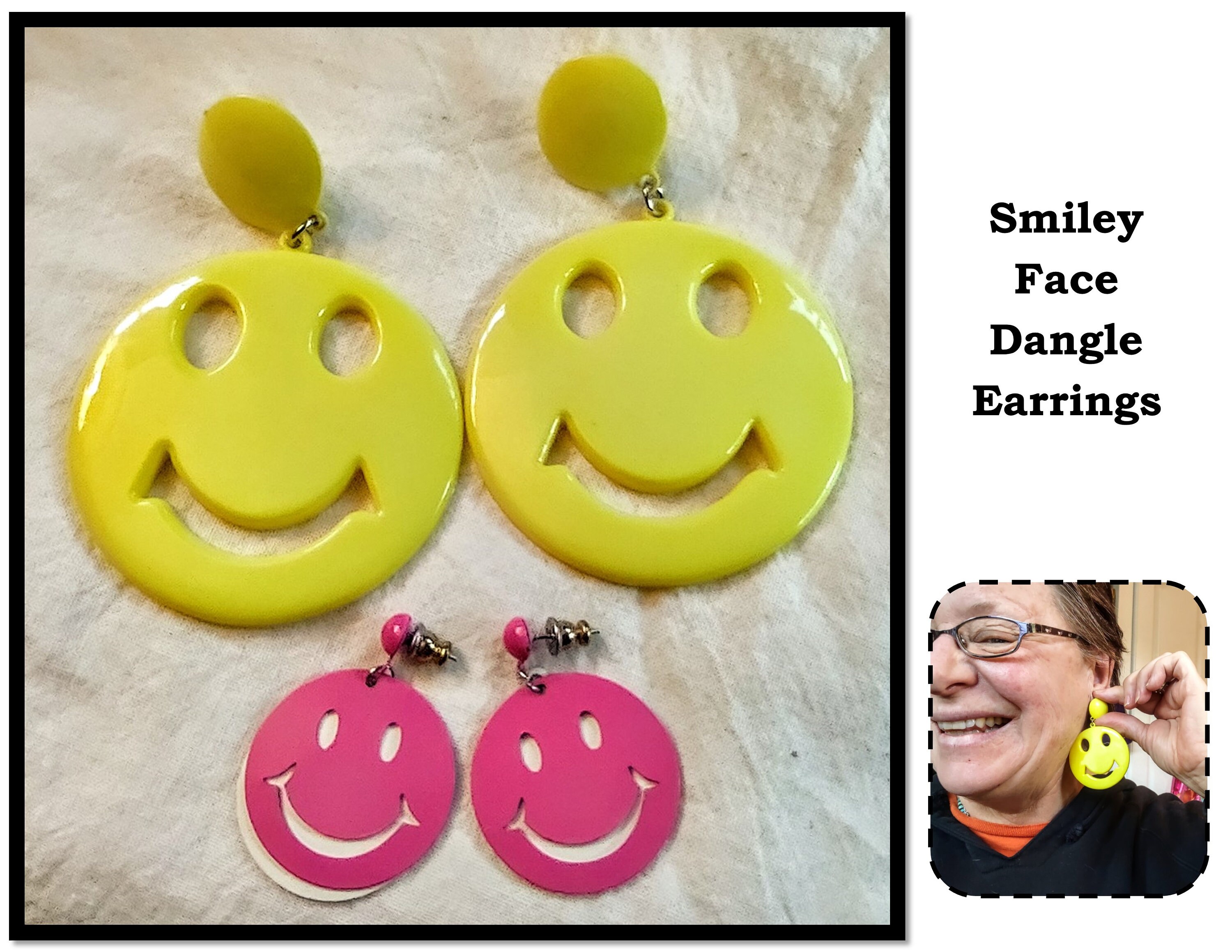 PuppyLuckVintage 2 Pair Vintage Smiley Face Dangle Earrings Pink Metal and Yellow Plastic