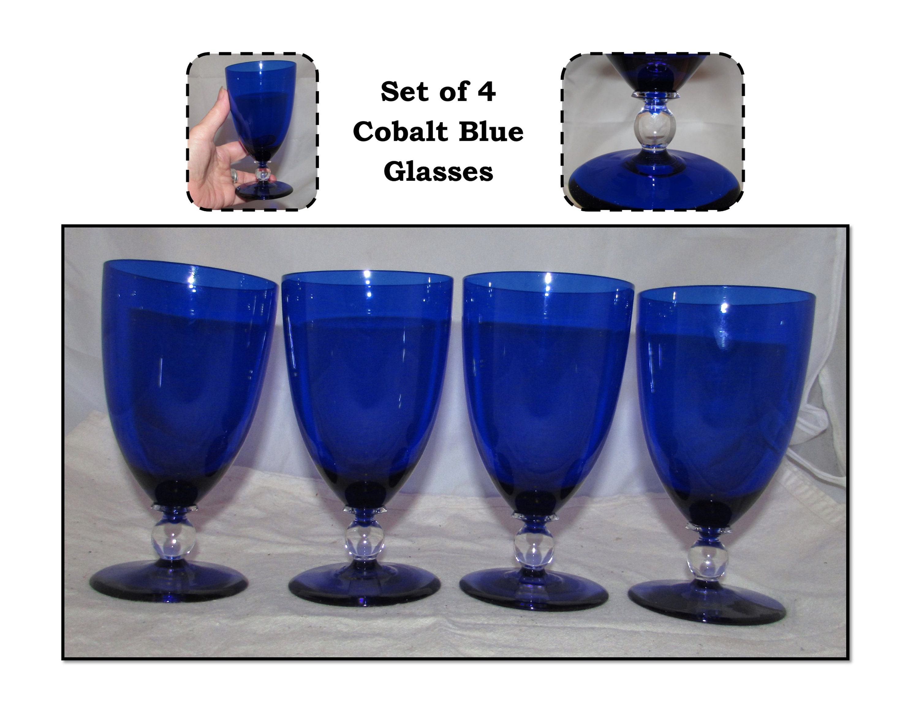 多様な with Glasses Wine Blue Cobalt Vintage - 4 Short Ball Clear 工芸品