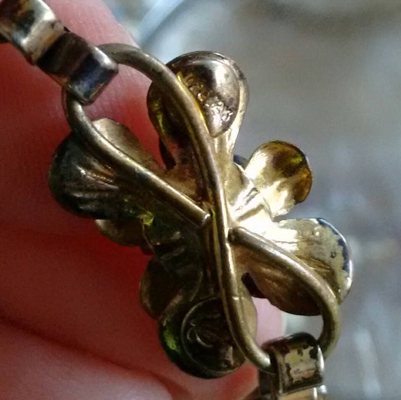 Vintage 12K Gold Plated Link Bracelet with Red Rhinestones 6 long flowers /& leaves costume jewelry