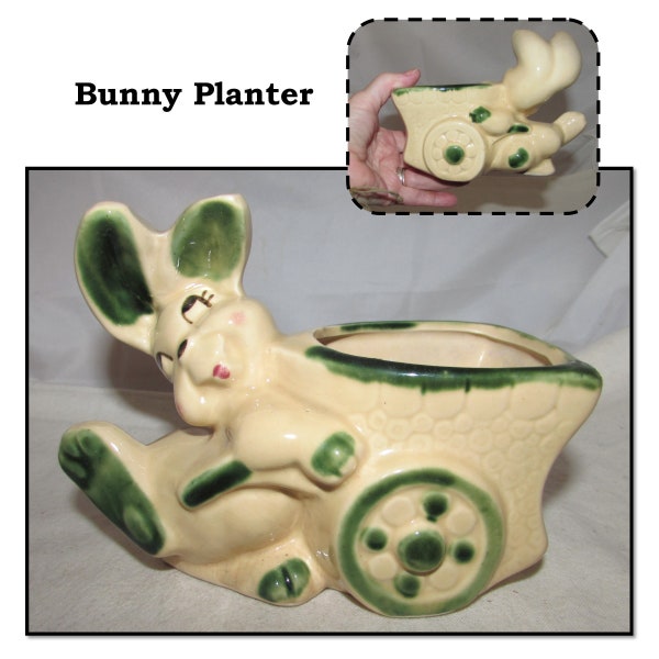 Vintage Ceramic Bunny Pushing Wheelbarrow Cart Planter