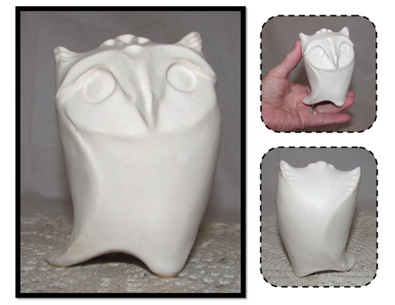 Vintage White Pottery Owl Figurine by Shelly Fredenberg, Rattle