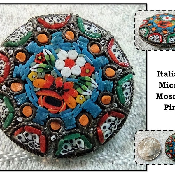 Antique Multi Colored Micro Mosaic Glass Flower Brooch Pin, Italy