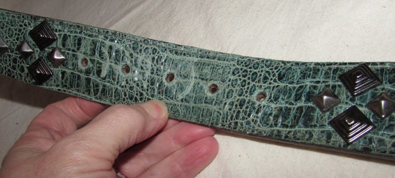 Vintage Green Alligator Print Leather Slouch Belt… - image 8