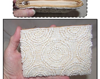 Vintage White Beaded Zippered Pouch, Indonesia