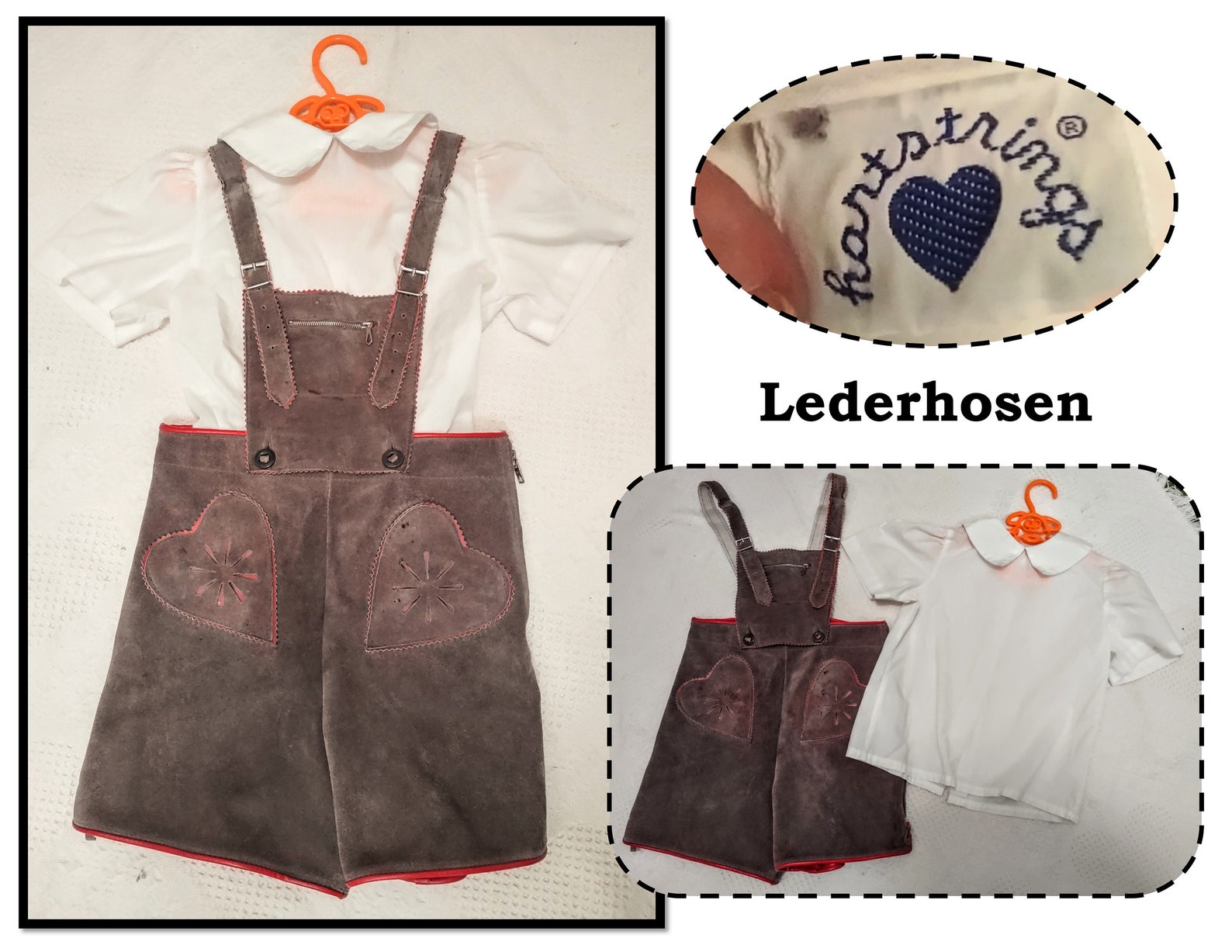 Vintage Gray Suede Leather Child Sized Overall Shorts or Lederhosen w/ Red Trim & White Cotton Blouse