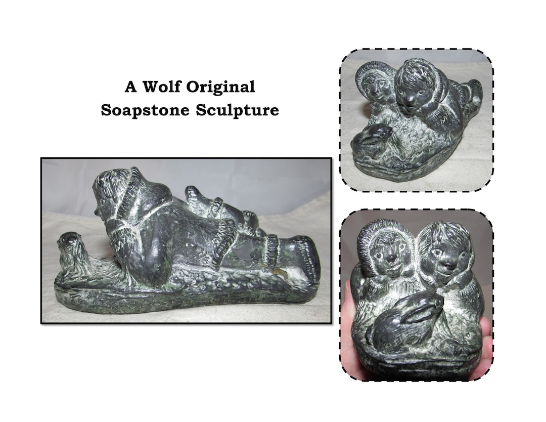 Vintage Cast Soapstone Carving Figurine, 2 Eskimo Inuit Children