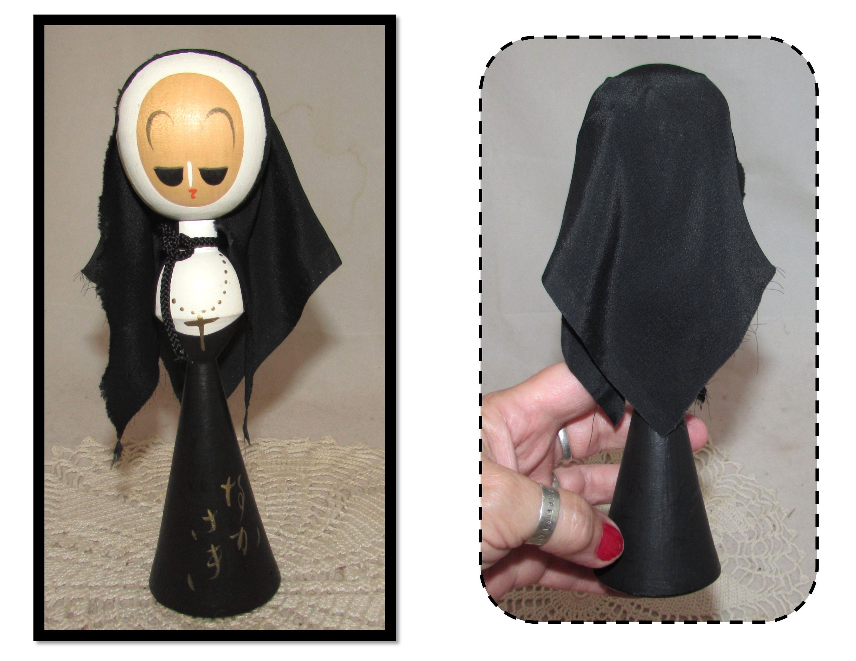 Vintage Wood Japanese Kokeshi Nun Doll w/ Nodder Head, Signed