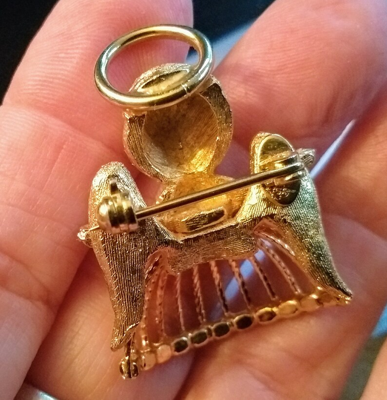 Vintage Textured Gold Tone Angel Pin Brooch W/ Green Etsy