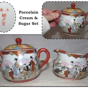 Antique Hand Painted Asian Porcelain Cream & Sugar Set by Kutani Wataya  with Japanese Geisha