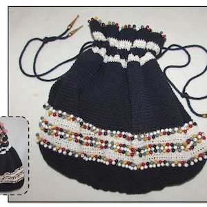Vintage Dark Blue Crocheted Drawstring Pouch Purse with Wood Beads & Gold Thread, Plastic Bottom, Metal Tips