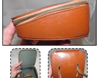 Vintage Slanted Brown Leather Case Holder Carrier with Zip Closure and Belt