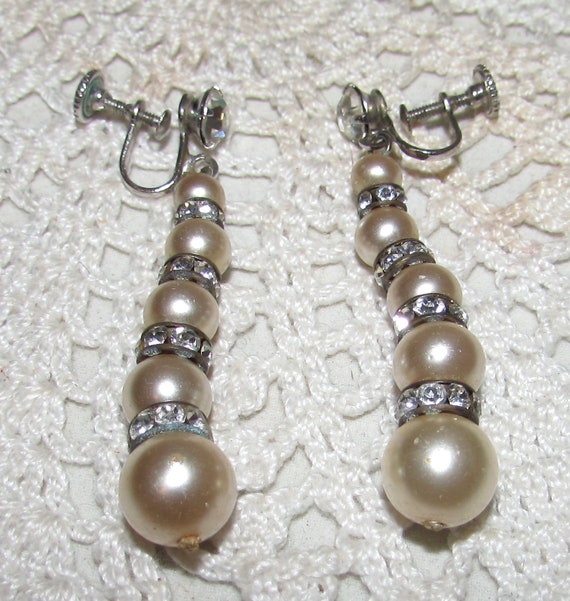 Two Pair of Vintage Rhinestone & Faux Pearls Scre… - image 2