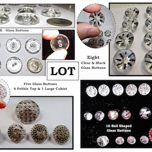 LOT of 36 - Vintage Clear Glass Buttons, Plain, Hexed, Starburst, Ball, Pebble